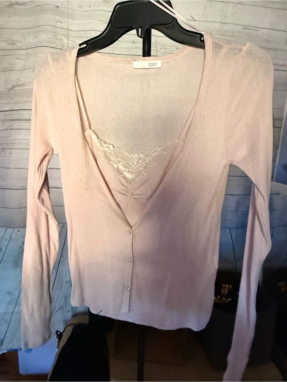 Zara Pale Pink Lace-Trim Button Front Knit Top